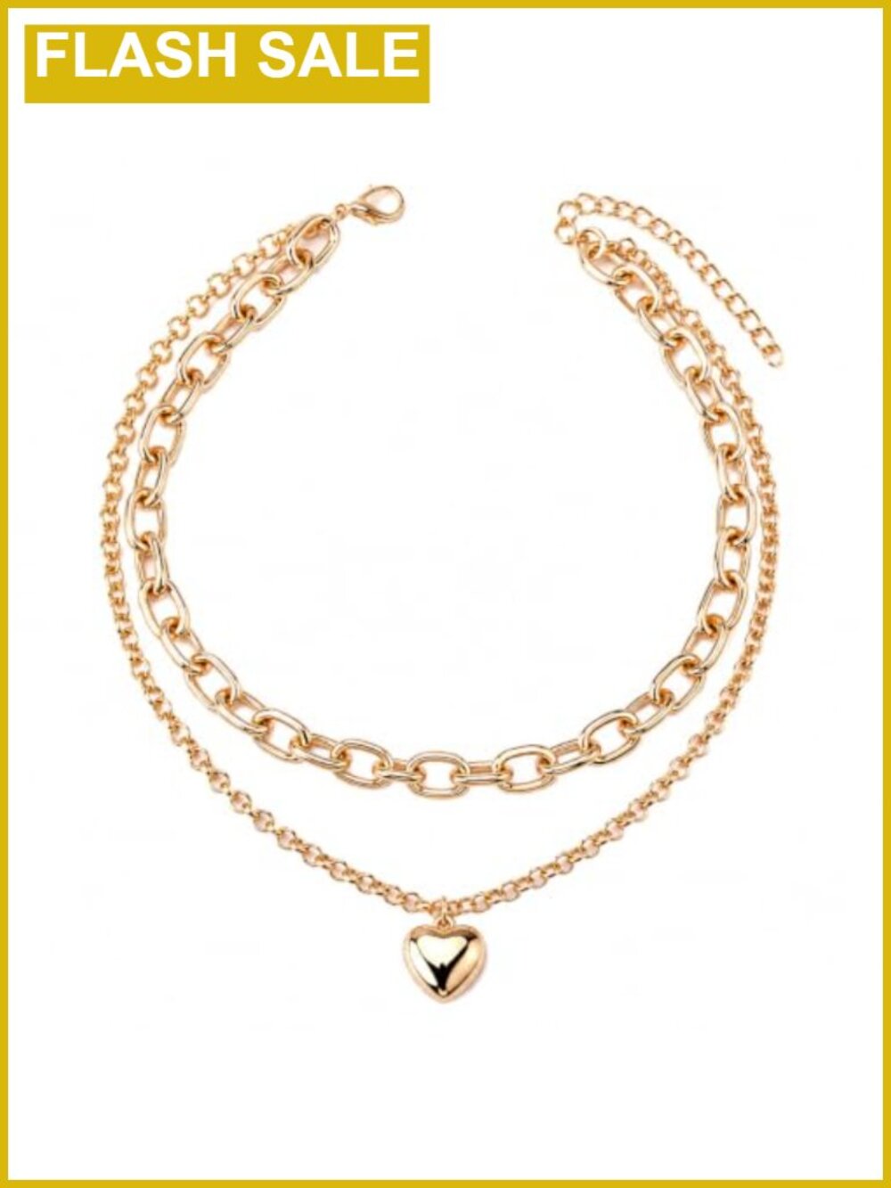 Gold Plated Layered Heart Pendant Choker Necklace Double Chain Women